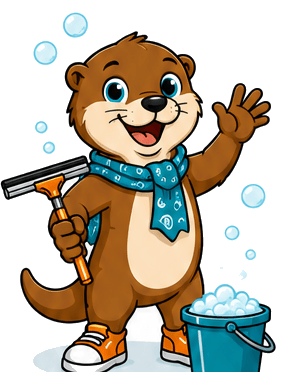 Bubbles the otter, CleanOn mascot, holding a squeegee
